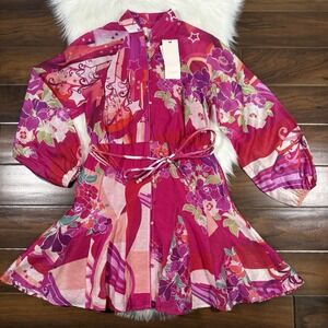 Ciebon Women's Size XS Pink Floral Star Print Nylah Mandarin Collar Mini Dress